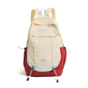 Detail view of casual nylon backpack with multi-pocket drawstring design and contrast color blocking.