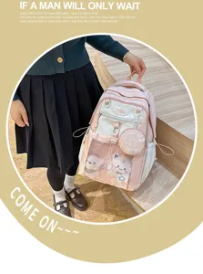 Sac à dos scolaire grande capacité rose et blanc contrasté avec jolie poche filet transparente.