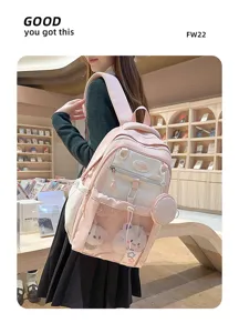 Sac à dos d'étudiant de grande capacité rose et blanc mignon avec poche avant transparente.