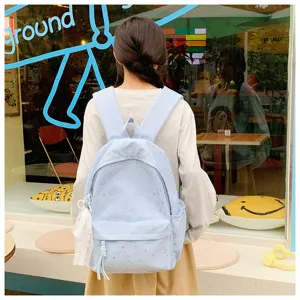 Sac à dos d'étudiant mignon style Harajuku japonais imprimé cœur bleu clair, sac d'école spacieux.