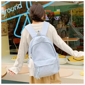 Joli sac à dos style japonais motif cœurs pour étudiants grande capacité cartable bleu clair.
