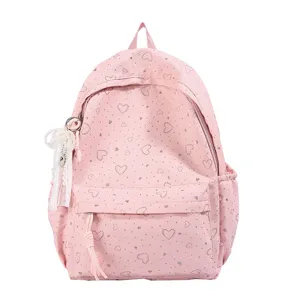 Joli sac à dos rose style japonais avec motif de cœur pour filles, grand cartable d'école.