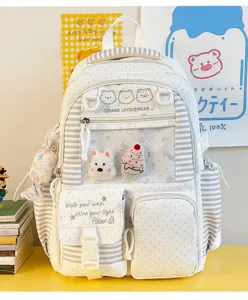 Primo piano dello zaino scolastico trasparente a righe bianche con simpatici orsetti e peluche.