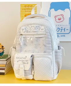 Stile giapponese zaino studente trasparente a righe grande capacita orso carino borsa scuola