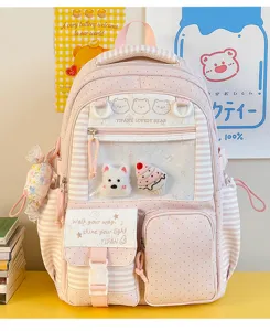 Bellissimo zaino scolastico da studente rosa a pois e righe grande capacità con tasche.