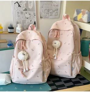 Süßer Ahornblatt Druck Schulrucksack mit flauschigem Anhänger für Mädchen rosa Schultasche groß