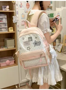 Mochila rosa de lunares linda con bolsillo frontal transparente, gran capacidad para estudiantes.