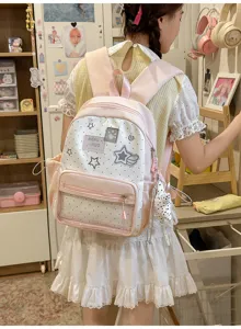 Vista detallada de la mochila transparente con estrellas y lunares, gran bolso ita para estudiantes.