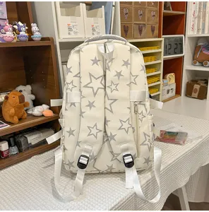 Japanese aesthetic canvas backpack with cute star print, large capacity school bag
