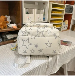 Japanese college style canvas backpack with grey star print large capacity student school bag