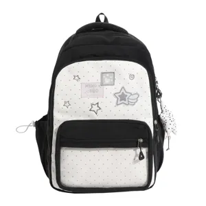 Schwarz-weißer gepunkteter Schulrucksack süße Studenten Schultasche Daypack mit Puppe