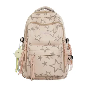Cute Japanese style star print pink school backpack for students, large capacity, lightweight and sweet.