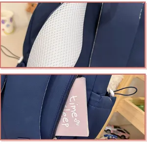 Detalle de mochila de estudiante azul marino con correas de malla transpirable y bolsillo.