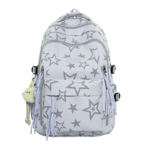 Lightweight star print school backpack with multiple compartments and cute tassel zippers.