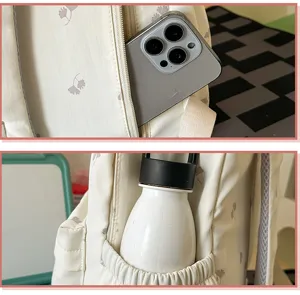 Rucksack Detailansicht zeigt die vordere Reißverschlusstasche und den praktischen Flaschenhalter.