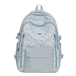 Niedlicher blauer Studentenrucksack mit Wolkenmuster, großer Kapazität und mehreren Taschen.