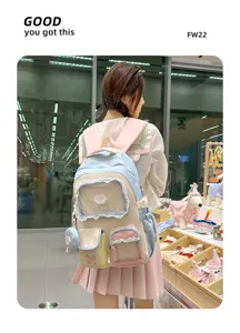 Zaino per studenti color-block carino con tasca trasparente e pizzo, grande capacità.