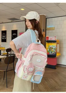 Simpatico stile giapponese rosa blu grande capacità zaino scolastico casual per studenti.