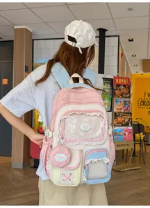 Zaino scolastico in stile giapponese carino colore a contrasto con tasca trasparente
