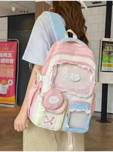 Zaino per studenti colorblock pastello carino con tasca trasparente e borsellino abbinato.