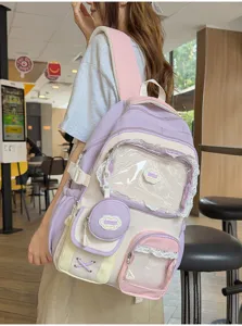 Zaino scolastico color block in stile dolce carino con tasche trasparenti per ragazze