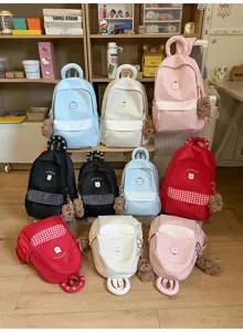 Süßer Cartoon Hund karierter Farblock großer Kapazität Schüler Schulrucksack für Schule