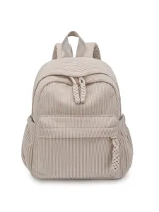 Beige κοτλέ μίνι σακίδιο πλάτης για γυναίκες, casual σχολική τσάντα με τσέπες φερμουάρ.