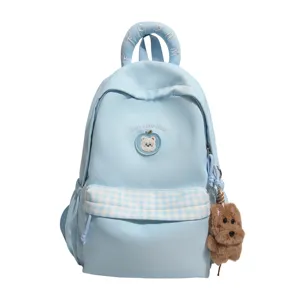 Helles hellblaue Studenten Rucksack mit süßer karierter Tasche und Hund Anhänger.
