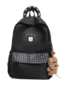 Schwarzer Canvas Schulrucksack mit Karomuster Vordertasche, Bärenstickerei und Plüschhänger.
