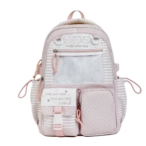 Zaino scolastico rosa a righe di grande capacità per studenti con tasca anteriore trasparente.