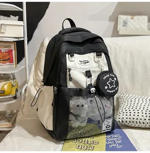 Sac à dos scolaire noir et blanc contrasté avec poche transparente et pochette, grande capacité.
