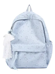 Joli sac à dos scolaire bleu clair style Harajuku avec motif de cœur argenté et nœud en dentelle.