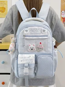 Zaino scolastico carino a righe blu in stile giapponese grande capacità per ragazze