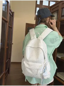 Weißer Freizeitrucksack mit silbernem Sternenmuster, stylische Schultasche für Studenten.