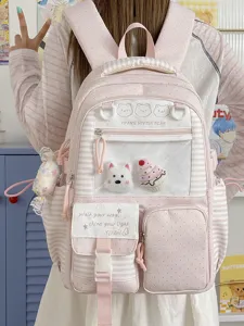 Zaino rosa a pois carino con tasca anteriore trasparente e stile dolce per uso quotidiano.