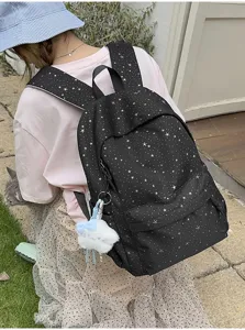 Schwarzer Sternen-Schulrucksack mit süßem Katzen-Plüschanhänger, leichter Teenager-Tagesrucksack.