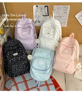 Joli sac à dos scolaire style collège à motif étoiles et multi-poches pour les filles