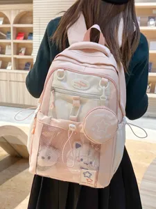 Sac à Dos Scolaire Mignon de Grande Capacité Couleur Contrastée pour Filles Sac en Nylon Léger Étudiant Avec Mini Porte-monnaie Respirant Sac à Dos de Voyage