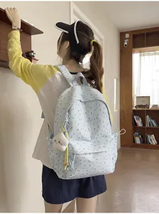 Hellblauer Blumenmuster Rucksack mit grossem Fassungsvermoegen und niedlichem Anhaenger