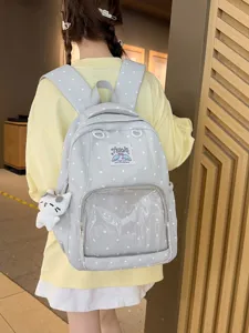 Zaino ita a pois carino con finestra trasparente e ciondolo gatto per la scuola.