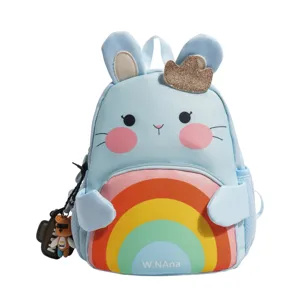 Cute children rabbit backpack with colorful rainbow and bear pendant for kids school daily