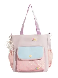 Niedliche Pastell-Farbblock-Tragetasche mit Pünktchen-Vorderentasche für Schülerinnen.