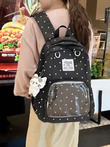 Zaino ita a pois neri con tasca frontale trasparente, borsa scolastica alla moda.