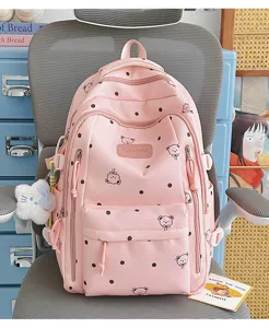 Mochila escolar rosa linda con estampado de oso y lunares gran capacidad multi bolsillos