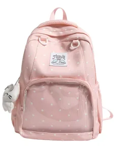 Zaino itabag rosa a pois con tasca anteriore trasparente e simpatico ciondolo gatto.