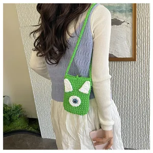 Handmade knit green eye crossbody phone bag cute cartoon shoulder bag for women girls