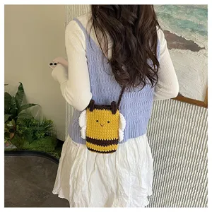 Handmade cute bee crochet crossbody phone bag, colorful knit shoulder bag for daily use.