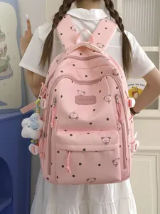 Mochila rosa de lunares con estampado de perro, gran capacidad ideal para la escuela.