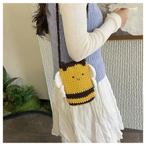 Handmade crochet bee crossbody phone bag detail, cute animal shape mini shoulder bag