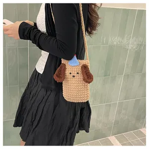 Handmade knit puppy crossbody phone bag, cute cartoon shoulder bag for women daily commute travel.